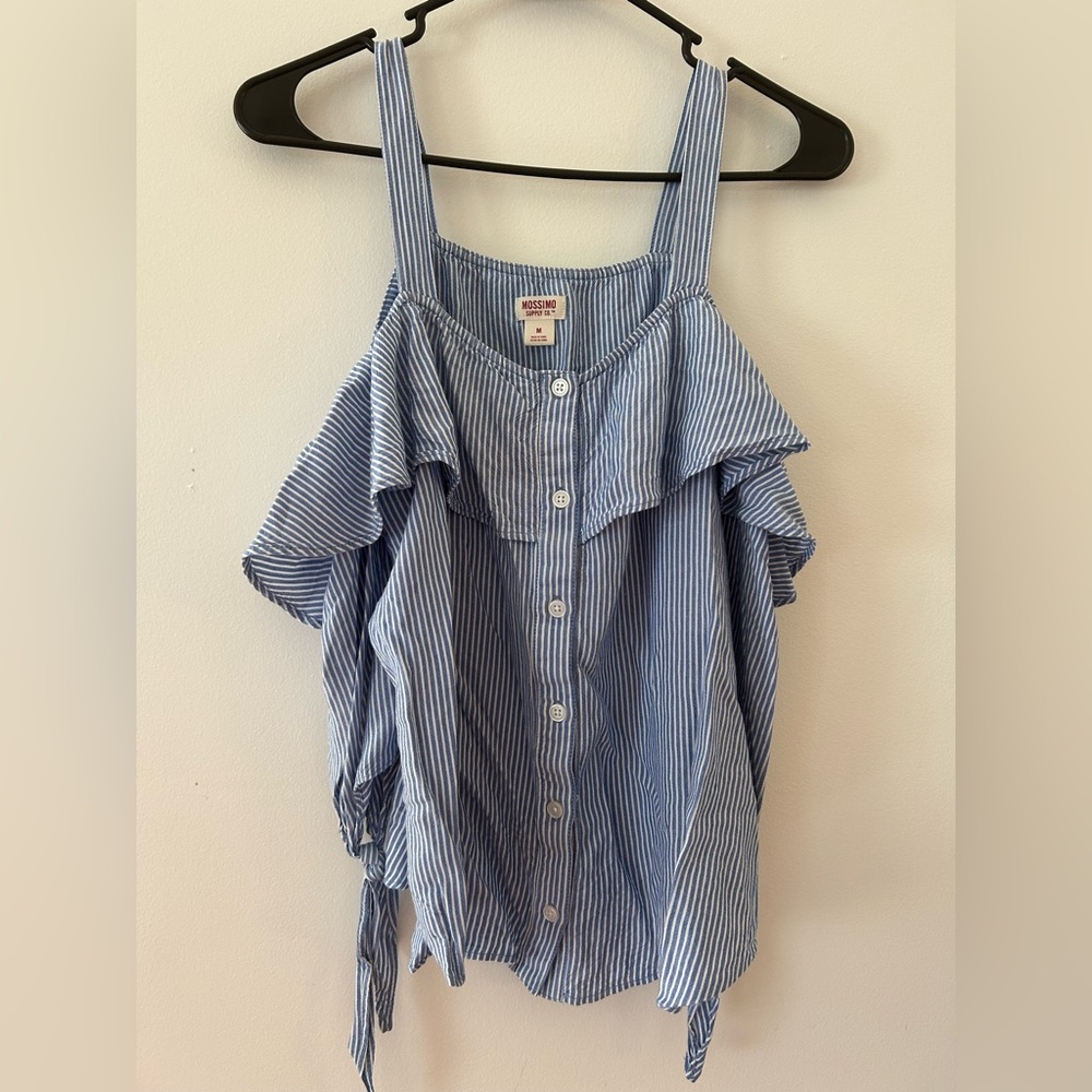 Mossimo Supply Co. Blue and White Ruffled Sleeveless Tank Top